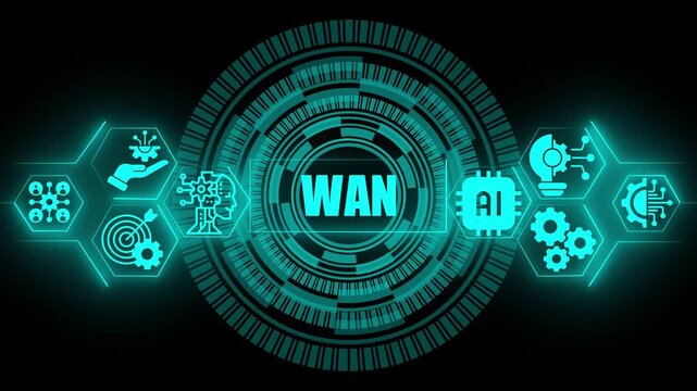 Wide area network wan concept displayed on a glowing cyan digital interface with artificial intelligence and circular data processing patterns on a dark black background