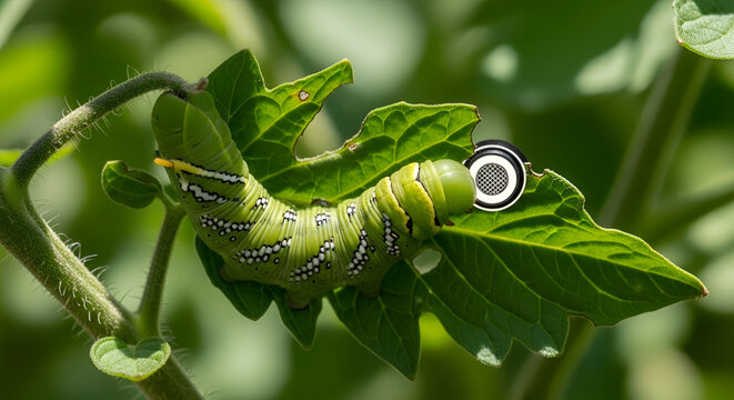 Bright green tomato hornworm caterpillar munching on vibrant leaf in a garden setting a common garden pest eating foliage