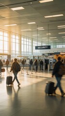 Fototapeta premium A bustling airport terminal with travelers walking towards the security checkpoint, carrying luggage and navigating through a modern and brightly lit interior with large windows and a high ceiling.
