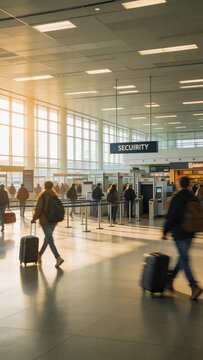 A bustling airport terminal with travelers walking towards the security checkpoint, carrying luggage and navigating through a modern and brightly lit interior with large windows and a high ceiling.