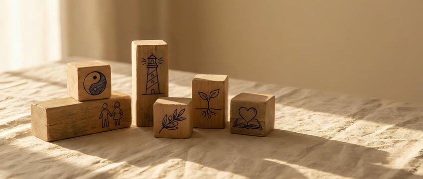 Wooden blocks with engraved symbols including hearts, leaves, and decorative patterns arranged on surface with natural sunlight shadows for crafting projects.