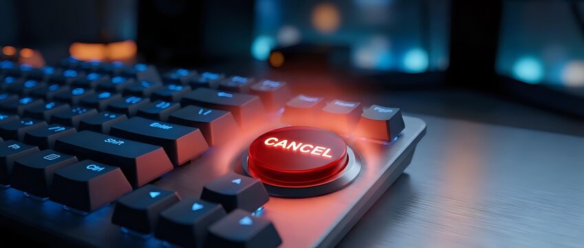 Red cancel button glowing on computer keyboard in dark office environment for emergency stop, system shutdown, or abort operations in technology workspace.