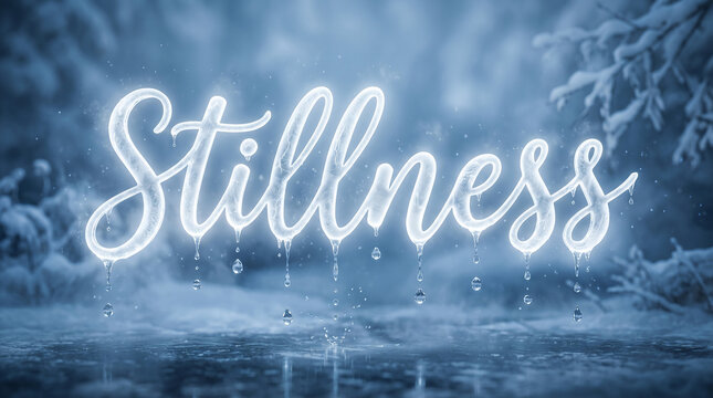 Glowing white neon sign reading stillness in a misty icy setting perfect for calm spiritual concepts tranquil winter scenes and serene thoughts
