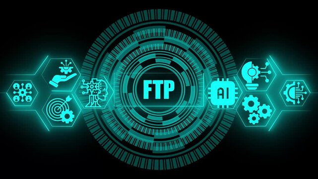 File transfer protocol ftp concept displayed on a glowing cyan digital interface with artificial intelligence and circular data processing patterns on a dark black background