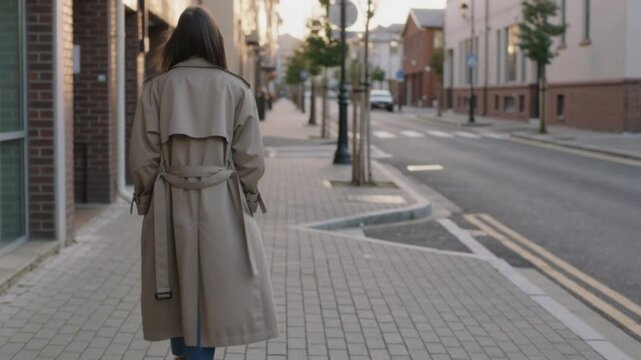 A woman wearing a beige trench coat walks alone down a quiet, modern urban street during daylight.
