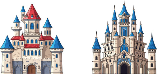 Fantasy castle vector set featuring 2 fairytale palaces with blue spires and stone towers in a flat cartoon style for gaming and storybooks. © MstRuna
