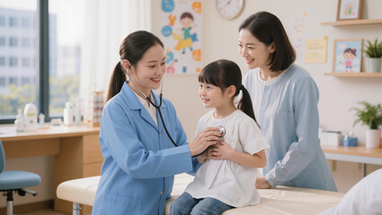 Obraz premium Female Pediatrician Examining Young Girl with Mother in Clinic