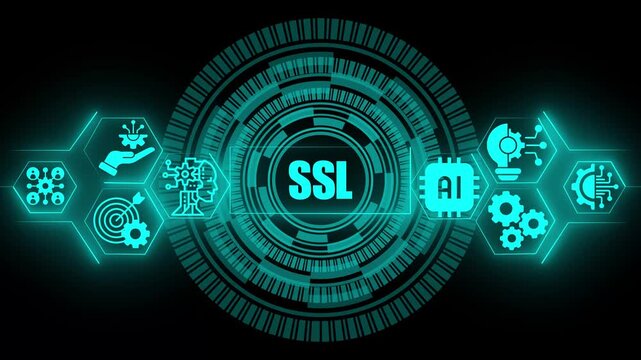 Secure sockets layer sl concept displayed on a glowing cyan digital interface with artificial intelligence and circular data processing patterns on a dark black background