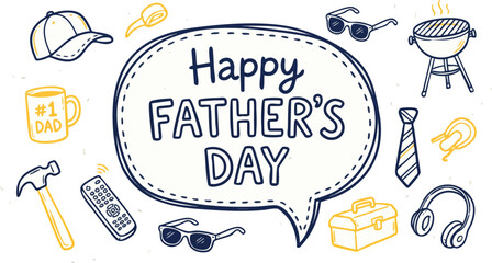 Hand-drawn Father's Day greeting card featuring a central speech bubble surrounded by dad-themed doodles like a grill, tie, and hammer. © rama coloring studio