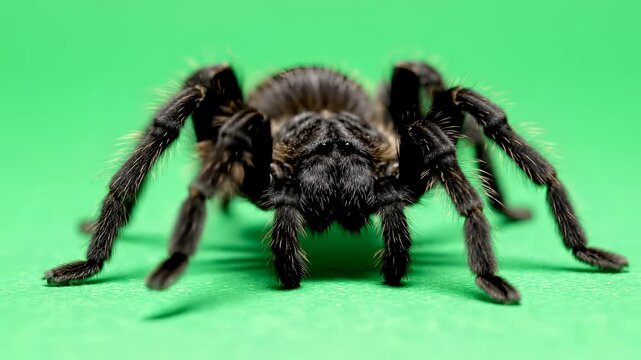 Closeup of a hairy tarantula spider on a green background.