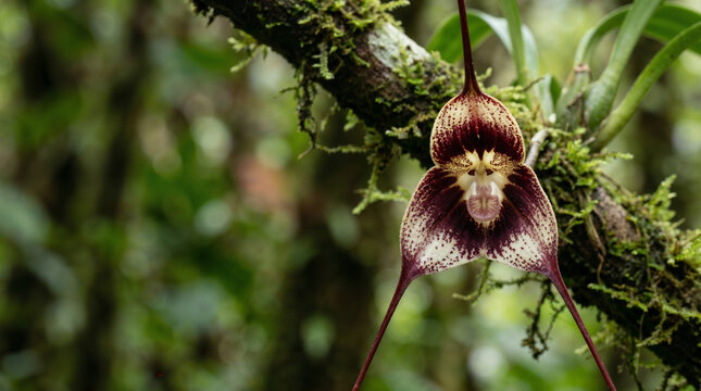 Extreme macro of the rare Monkey Face Orchid (Dracula simia) blooming in a cloud forest with wide copy space