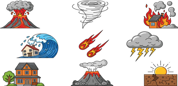 Natural disaster vector icon set featuring 9 catastrophic events including volcanic eruption tsunami tornado house fire and earthquake in a flat cartoon style