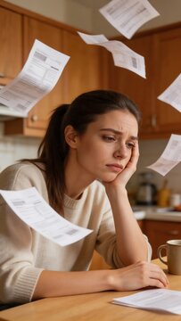 A woman overwhelmed with bills and paperwork sitting at a kitchen table with a look of stress and worry on her face