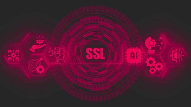 Secure sockets layer sl concept displayed on a glowing magenta digital interface with artificial intelligence and circular data processing patterns on a dark gray background