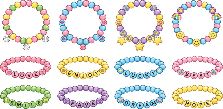 Colorful beaded friendship bracelet vector set featuring 12 designs with letter beads charms and smiley faces in a flat cartoon style.