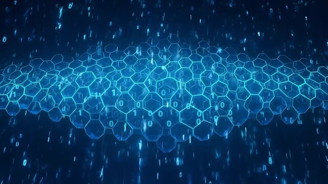 Abstract Digital Network Wave of Glowing Blue Hexagons and Binary Code Particles Falling in Dark Futuristic SciFi Data Stream with Light Rays