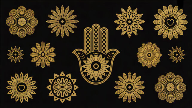 A decorative arrangement of golden flowers and a hamsa hand on a black background