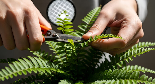 Close-up of hands trimming lush green fern leaves with gardening shears in bright indoor light for plant care and decoration