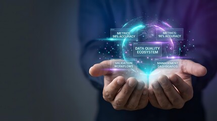 Fototapeta premium Businessman hands presenting holographic data quality ecosystem with glowing digital interface elements for technology presentations and business concepts.