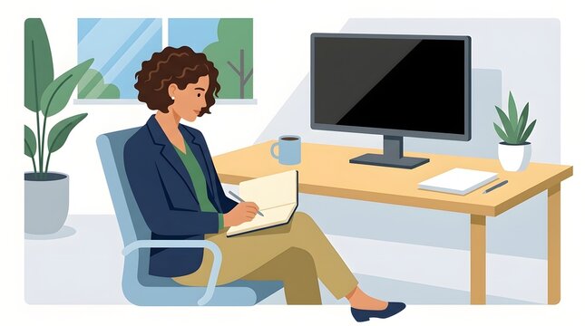 Serene Office Scene: A woman, immersed in thought, meticulously scribbles in a notebook within a tranquil office, illuminated by soft, natural light, creating an atmosphere of focus and contemplation.