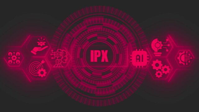 Ipx internetwork packet exchange technology concept with glowing red digital interface featuring artificial intelligence and circular data processing patterns on a dark background