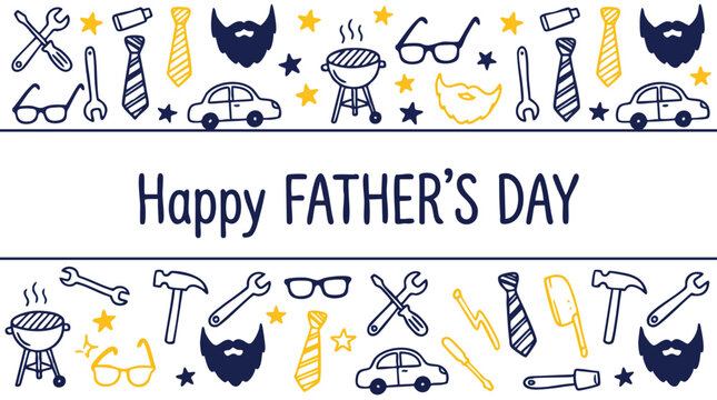 Happy Father's Day horizontal banner with hand-drawn blue and yellow doodles of tools, ties, cars, and beards on a white background.
