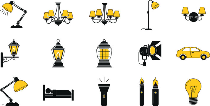 Lighting vector icon set featuring 15 yellow and black symbols including chandelier desk lamp lantern spotlight and bulb in a flat line style.