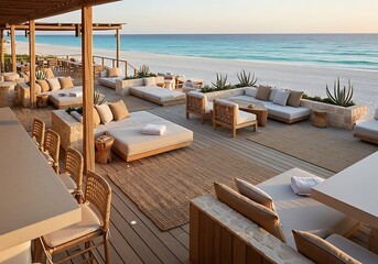 Fototapeta premium Elegant beach club with sun loungers and ocean views at serene sunset