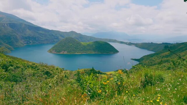 Panoramic view of Cuicocha crater lake in Cotacachi, Imbabura, Ecuador.