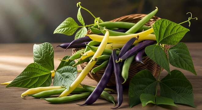 Colorful green purple and yellow string beans in a rustic basket with vibrant leaves on a wooden table studio shot
