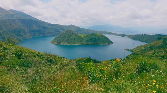 Panoramic view of Cuicocha crater lake in Cotacachi, Imbabura, Ecuador.