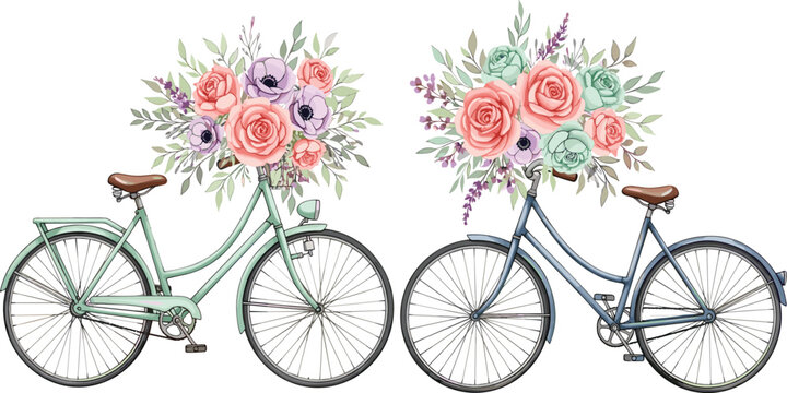 Vintage floral bicycle vector set featuring mint green and blue cruiser bikes with rose and anemone bouquets for wedding stationery