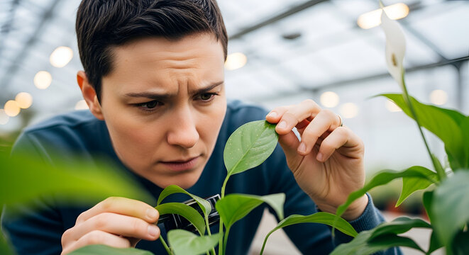 Concerned horticulturist carefully examining a peace lily leaf in greenhouse; close-up thoughtful expression botanical research green leaves inspection