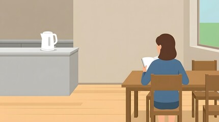 Fototapeta premium Interior Serenity: A woman sits at a wooden table in a well-lit interior, focused on a document, suggesting a moment of quiet contemplation and introspection.