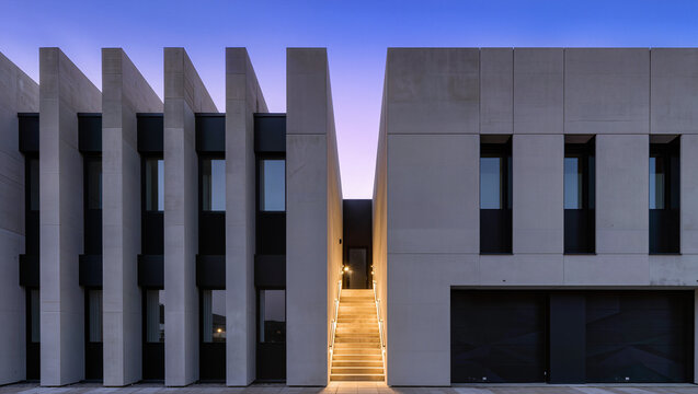 Modern Concrete Building with Architectural Fins at Twilight