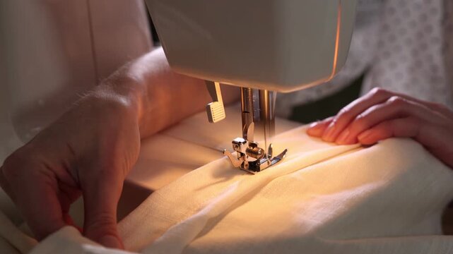 Woman sewing fabric with professional machine in workshop, closeup