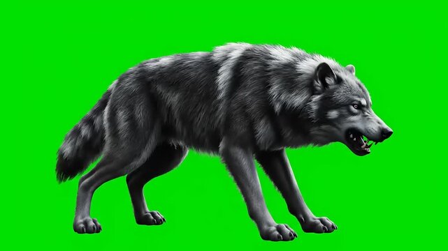 A fierce wolf with a menacing growl and bared teeth, captured in a dynamic pose against a vibrant green screen background, showcasing its wild nature and predatory instincts