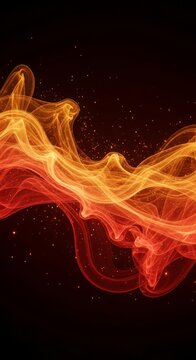A mesmerizing fluid simulation featuring swirling amber and red vapor waves with glowing particles floating in deep cinematic lighting, smoke, nebular, mystical