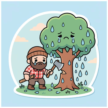 Sad Lumberjack Crying Next to a Sad Tree.