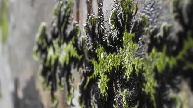 Macro photography of bright green Lobaria pulmonaria or lungwort foliose lichen covered in fresh water droplets and moisture growing on a natural surface