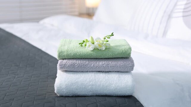 Woman putting freesia flowers onto soft towels on bed indoors, closeup