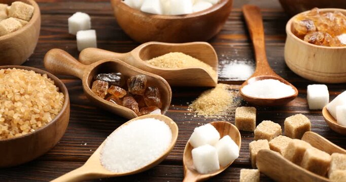 Different types of sugar on wooden table, closeup. Camera moving left