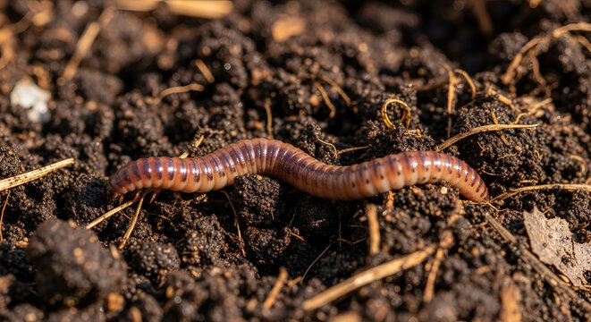 Earthworm crawling on rich soil in the garden close-up macro shot capturing segmented body glistening skin and texture of dirt in bright sunlight