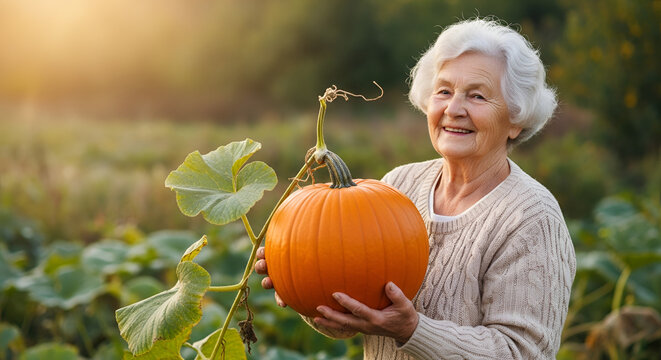 Elderly woman holding freshly harvested ripe pumpkin in garden with lush leaves during golden hour for seasonal cooking