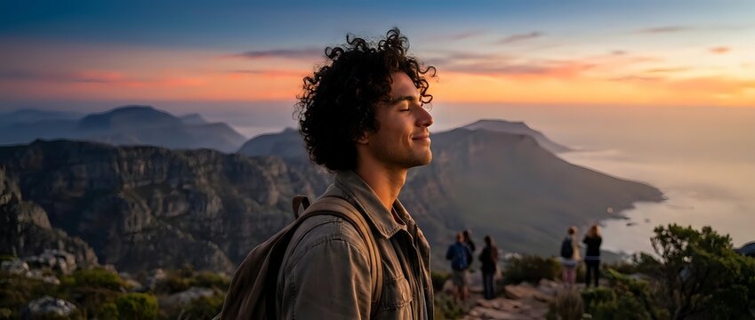 Young mixed-race man with curly hair enjoying sunset view from mountain peak during hiking adventure with dramatic sky and coastal landscape background.