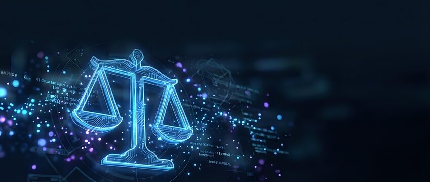 Digital justice scales with glowing blue neon lights and particle effects on dark background for legal technology and law firm presentations.