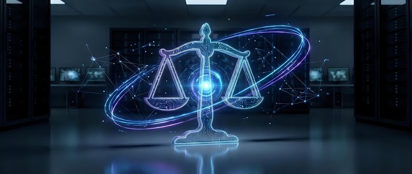 Futuristic holographic justice scales with glowing blue light effects in modern digital courtroom environment for legal technology concepts.