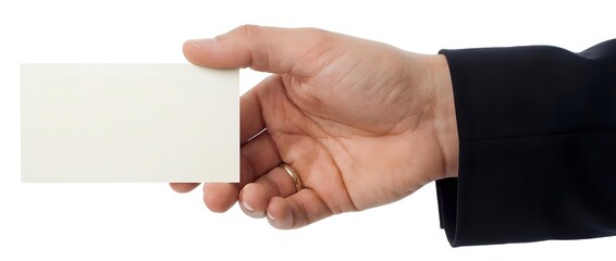 Obraz premium Professional businessman hand holding blank white business card ready for corporate branding and contact information on isolated background.