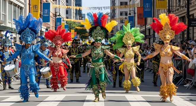 A vibrant Cinco de Mayo parade with colorful dancers and drummers marching down a city street