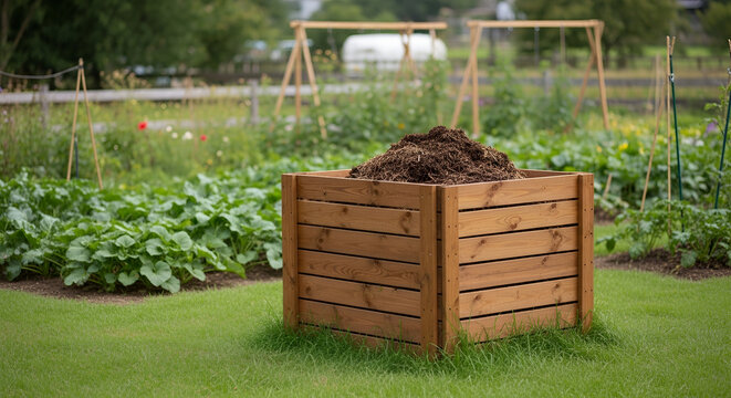 Elevated wooden compost bin filled with decomposing organic material in garden setting; sustainable gardening practice